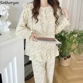 Pajama Komplekti Naiste Armas Daamid korea Versiooni Lahti-Vaba aja sisustamine Sleepwear Basic Mujer Populaarne Uute Saabumist Sügisel Stiilne Prindi