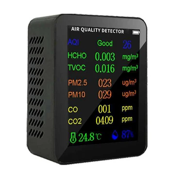 9 1 Kaasaskantav õhukvaliteedi Mõõtur PM2.5 PM10, CO, CO2 TVOC HCHO AQI Temperatuur Niiskus Tester Värvi Ekraan