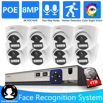 Kahesuunaline Audio Face Detect 8CH 4K POE NVR Turvalisuse Kaamera Süsteemi 8MP AI Kaamera Väljas Värv Öise Nägemise videovalve Komplekt