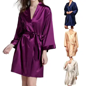 Naiste Siidine Lühike Kimono Hommikumantel Kaste Kleit (Solid Color Lahti Hommikumantel Sleepwear 37JB