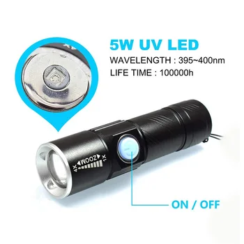 395nm 365nm LED-UV-Taskulamp Ultraviolett Tõrvik Zoomable Mini Linterna UV-Valguses Pet Uriini Plekke Detektor Skorpion Jahindus