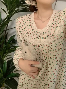 Casual Naised ) Cherry Mugav Printsess Pits Armas Kodune Komplekt Pajama Sleepwear Pehme Elegantne Ümbris Sügisel Ins Uus Korea Pikk