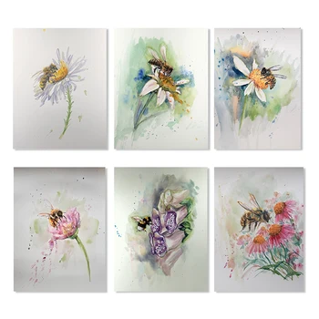 Mesilaste Roosa Lill Akvarell Maalimislõuend Plakat Bumblebee Fine Art Prints Värvikas Lille Seina Pilte Elutuba Decor