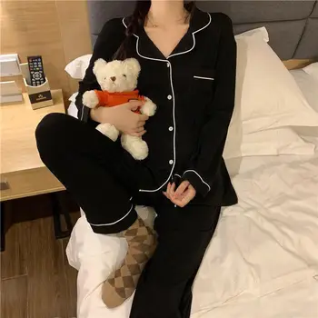 Korea Stiilis Armas Pajama Naine Talv Sügis Sleepwear Lady Pika Varrukaga Topid Püksid 2Piece Pidžaamad Tahke Lingeries Komplekti Nightwear