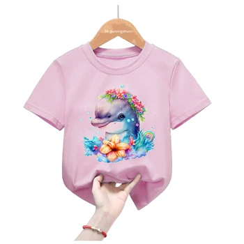 Kawaii Dolphin Lilled, Print T-Särk Tüdrukutele Lõvi/Hiire/Koala/Part/Bee/Bunny Loomade Prindi Tshirt Suvel Lapsed Riided T-Särk