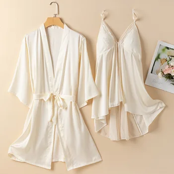 Naine Twinset Rüü Kleit Set Pits Sleepwear Primavera Kimono Hommikumantel Sobiks Nightgowns Lady Siidine Satiin Kodus Kandma Kodu Kleit