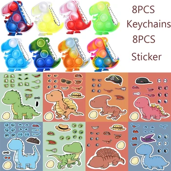 8PCS Dinosaurus Pool Soosib Võtmehoidjad Mini Pop Fidget Mänguasjad 8 Lehte Teha Nägu, Kleebised Goodie Bag Stuffers Karneval Auhindu