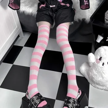 Kontrast Värvi Triibuline Lolita Sokid Armas Anime Cosplay Pesu 80D Velvet Üle Põlve Pikad Sukad Koolitüdruk Õpilane Plaadile