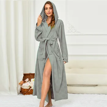 Tahke Pikk Kapuutsiga Rüü Kimono Hommikumantel Kleit Naiste Puuvillane Sleepwear Tasku Lahti Siserõivad Nightgowns Pesu Kodus Kandma